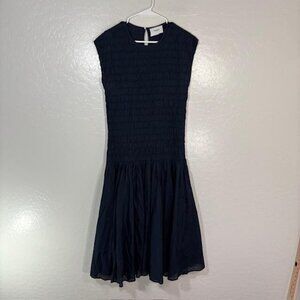 Merlette Dress Womens Small Navy Blue Smocked Cotton Drop Waist Midi Ruffle Hem